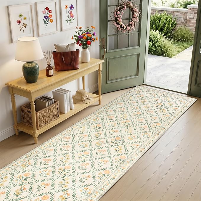 PLHXFR 2.6x14 Washable Runner Rug：Floral Indoor Kitchen Carpet Beige Multi | - Image 2