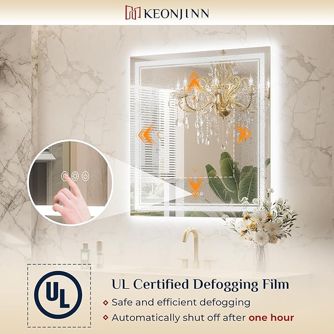 Keonjinn LED Bathroom Mirror 40x30 Inch with Frontlit and Backlit, Stepless 3 Colors Temperature & Dimmable Wall Mirror, UL Listed LED Driver, Anti-Fog, Double Lights, Frameless Bathroom Vanity Mirror