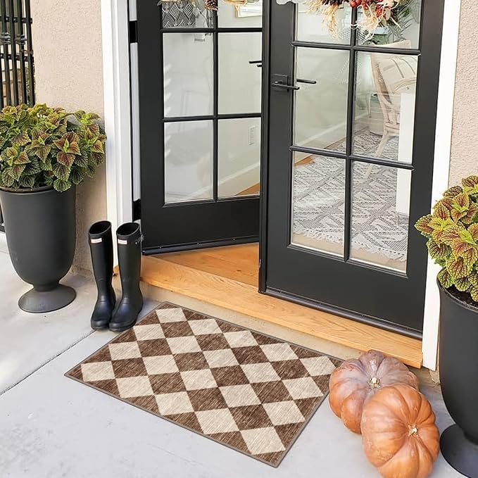 Front Door Rug - 2x3 Brown Beige Checkered Diamond Entry Rug | Non-Slip - Image 9