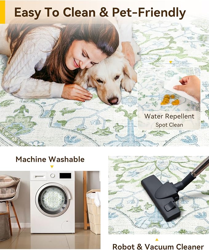 RELEANY Washable Area Rug, Round 8ft, Water Repellent, Pet Friendly, Vintage - Image 5