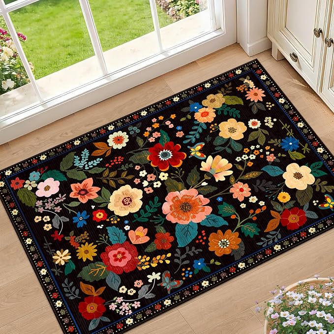 RELEANY Floral Washable 2x3 Area Rugs Doormat Black | Flower Carpet Print Boho by RELEANY