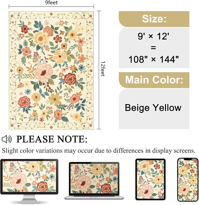 DUKINO 9x12 Area Rug for Living Room, Washable Rug Non Slip, Low Pile, Floral - Image 2