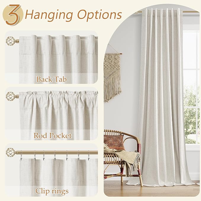 100% Blackout Boho 96 Inches Long Natural Linen Curtains Floor to Ceiling Drapes - Image 6