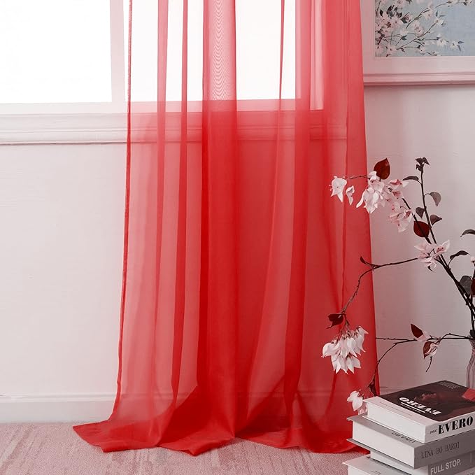 HUTO Christmas Red Sheer Voile Curtains 84 inches Long for Baby Wedding Party Backdrop Rod Pocket Window Sheer Panels Drapes for Bedroom Nursery Living Room 2 Panels 52 Inch Width by 84 Inch Length