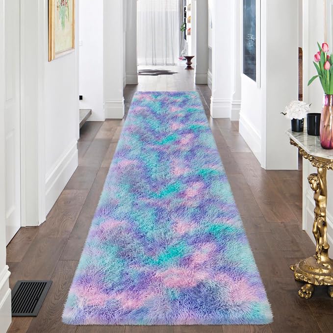 Super Soft Fluffy Living Room Area Rug 2x8 ft Purple Rainbow Tie-Dyed Shaggy - Image 2