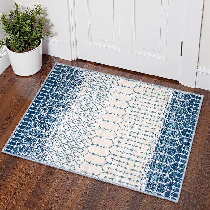 Lahome Moroccan Entryway Rugs Indoor 2x3 Area Rug Blue Non-Slip Backing by Lahome