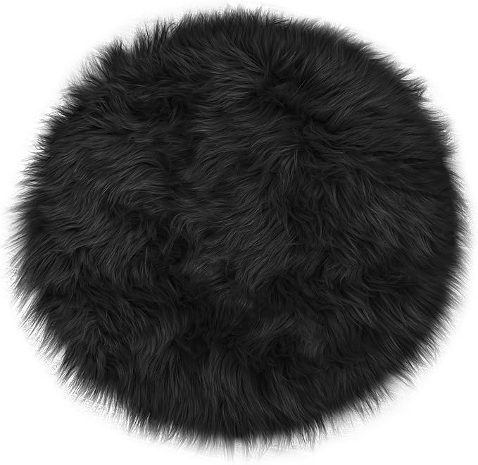 15.7 Inches Mini Black Round Faux Fur Sheepskin Area Rug, Fluffy Small Circle - Image 3