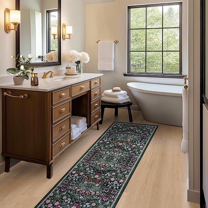 PLHXFR 2.6x8 Washable Runner Rug：Floral Indoor Kitchen Carpet Dark Green | - Image 5