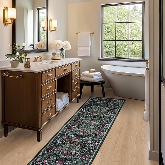 PLHXFR 2x6 Washable Runner Rug：Floral Indoor Kitchen Carpet Dark Green | - Image 5