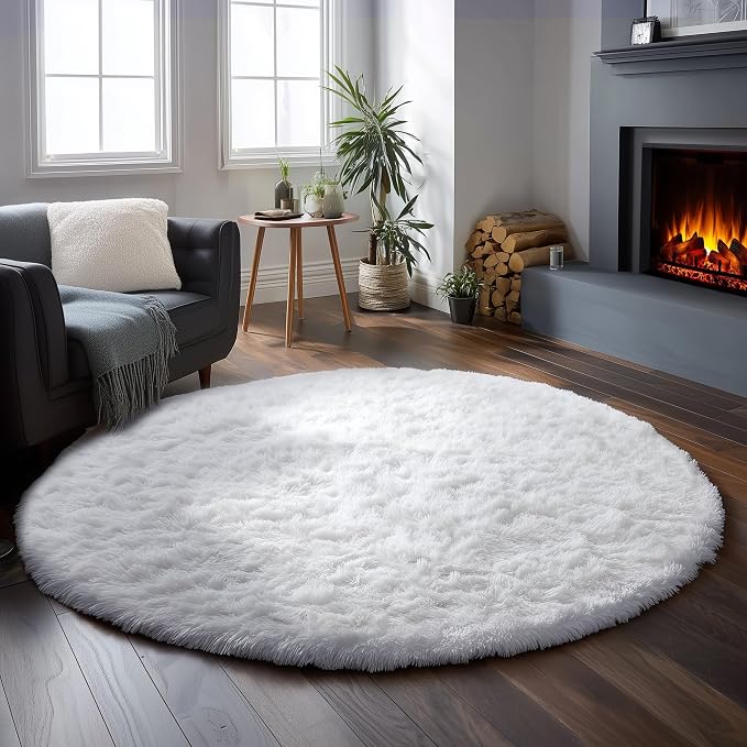 Amdrebio White Furry Round Circle Rug 6Ft - Image 3