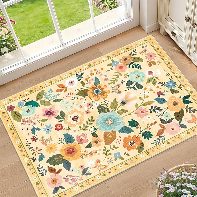RELEANY Floral Washable 2x3 Area Rugs Doormat Ivory/Yellow | Flower Carpet by RELEANY