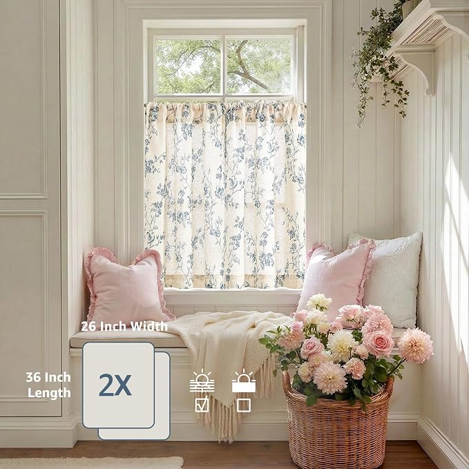 Blue on Beige Linen Kitchen Curtains Rod Pocket 26W X 36L 2 Panels | Elisa - Image 4