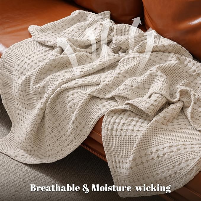 PHF 100% Cotton Waffle Weave Blanket King Size for Bed, Soft Lightweight & Breathable, All-Season Comfort, Luxury Aesthetic Woven Bedding for Home Decor, 108"x90", Oatmeal