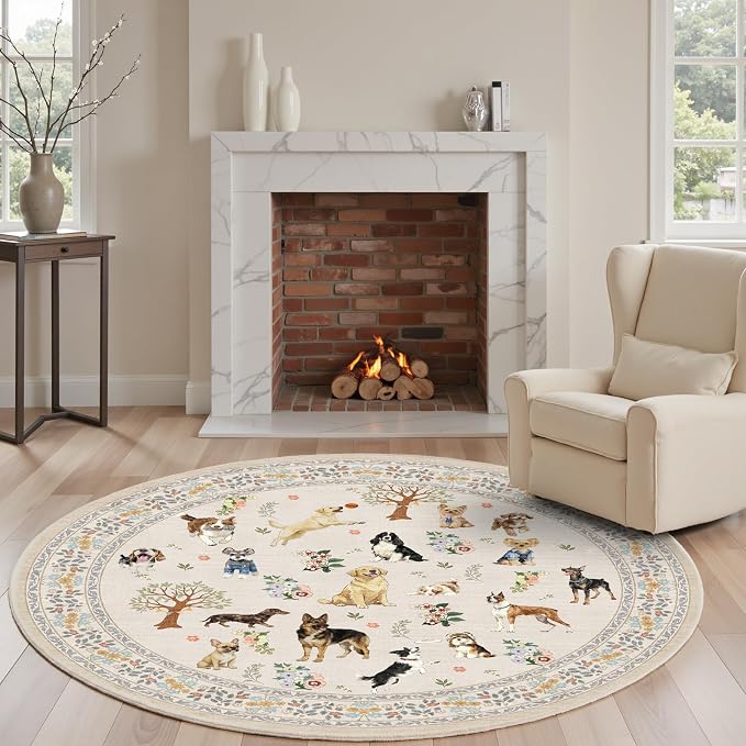Beige 4Ft Round Area Rug for Living Room Bedroom | Stain Resistant; Non Slip; by WelcometoBabovid