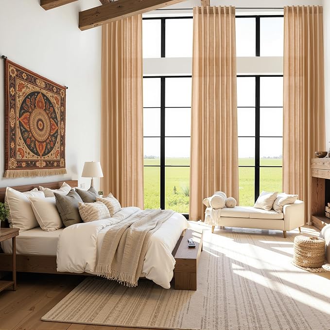 Camel Linen Curtains for Living Room Extra Long 144 Inches Long Back Tab Light - Image 7