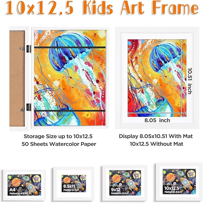 KINLINK 10x12.5 Kids Art Frames Set of 2, Solid Wood Kids Artwork Frames Changeable with Acrylic Front Opening Holds 150 Pictures, Art Frame for Kids Artwork with Mat or without Mat, White