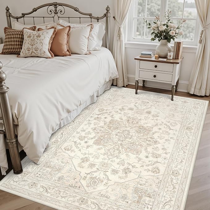 6x9 Area Rugs Living Room: Bedroom Washable Carpet Beige White | Vintage Boho - Image 2