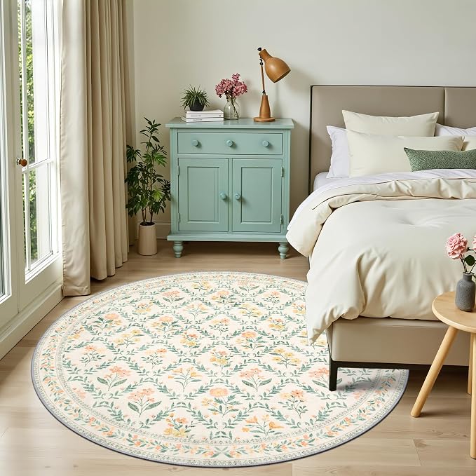 PLHXFR Round Area Rug Living Room: 6 ft Floral Washable Carpet Beige Multi | - Image 3
