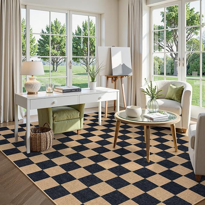 Lahome Checkered Easy Jute Living Room Rug, 8x10 Outdoor Rugs Washable | - Image 7