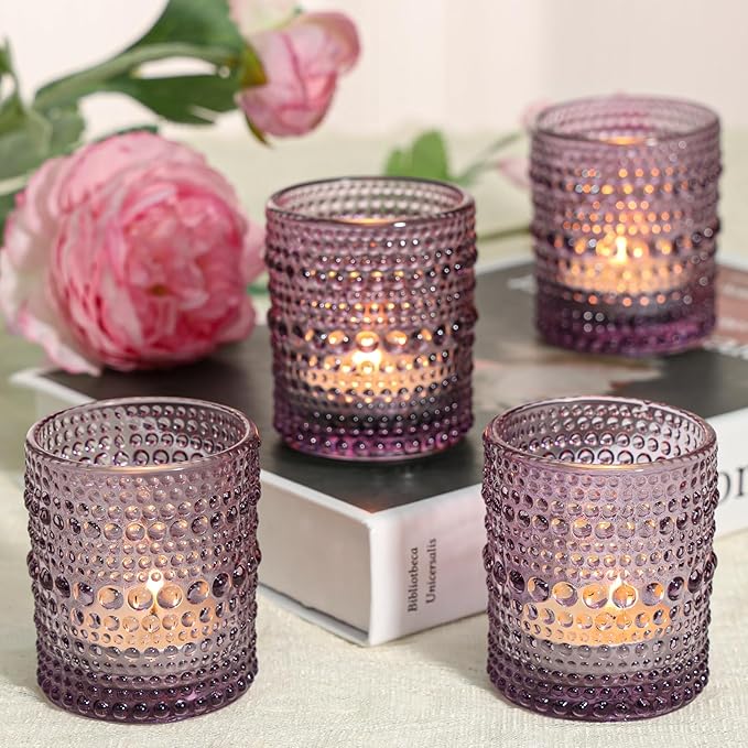 24 Pcs Votive Candle Holders, Purple Glass Holders Bulk for Table Centerpiece, Tea Lights Candle Holders for Wedding Shower, Party and Home Decor
