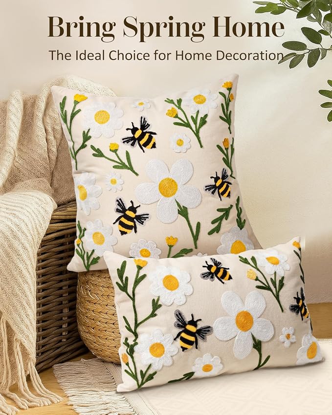 Embroidered Lumbar Pillow Cover 20x12 Inch, Flower Bee | Decorative Throw - Image 5