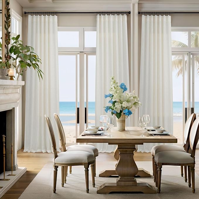 Semi Sheer Linen Curtains 110 Inches Long 2 Panels Set Cream Ivory Living Room - Image 6