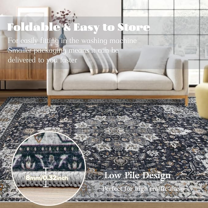 Area Rug 8x10 Washable Rug, Vintage Boho Medallion Rugs Non-Slip Soft Low Pile - Image 6
