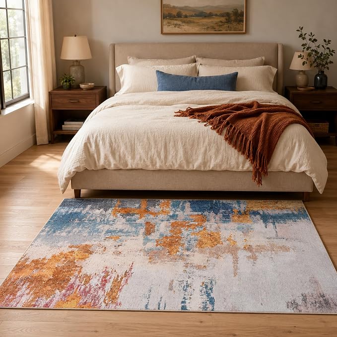 Area Rug 4x6 Orange Blue Rug Washable Boho Rugs Non Slip Low Pile Abstract by OmpaaHomeDecor