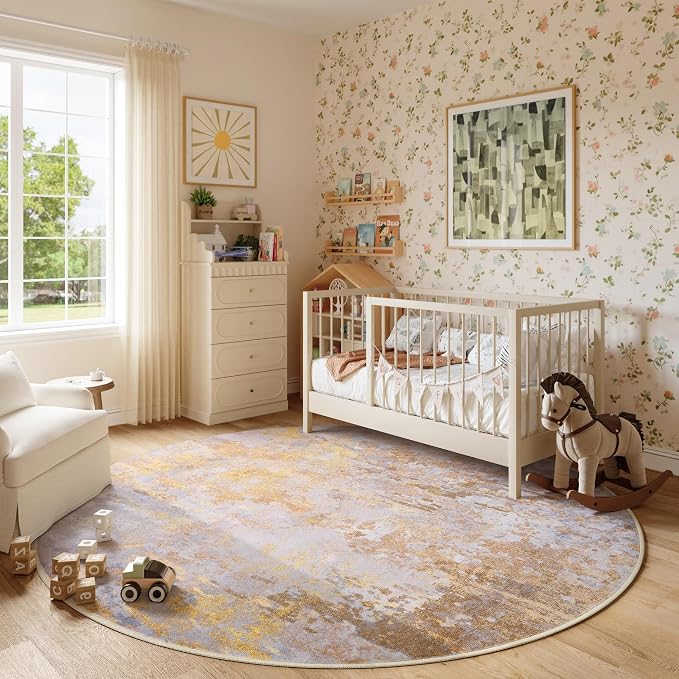 Beige Gold Round Area Rugs 4ft Washable Circle Rug - Image 9
