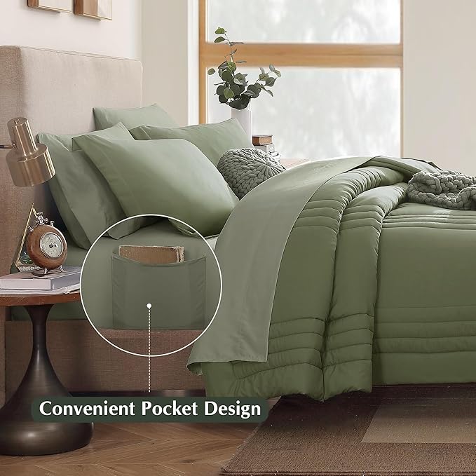 Monbix Queen Comforter Set - 7 Pieces Light Sage Green Bed in a Bag Queen Bedding Sets with Comforters, All Seasons Down Alternative Comforter Bed Set with Sheets, Pillowcases & Shams