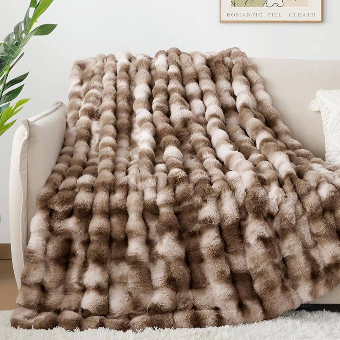 Luxury 1000GSM Rabbit Faux Fur Blanket, Super Heavy Warm Cozy Brown Blankets - Image 4