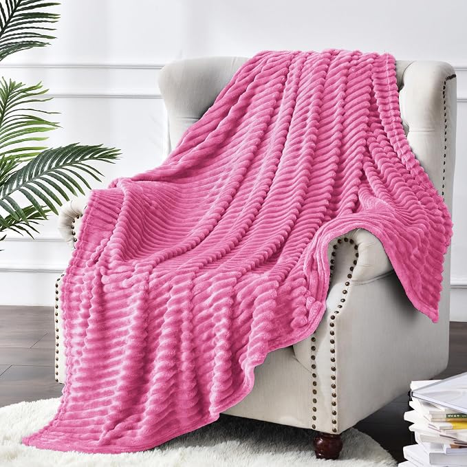 BEDELITE 3D Ribbed Hot Pink Fleece Throw Blanket - Image 8