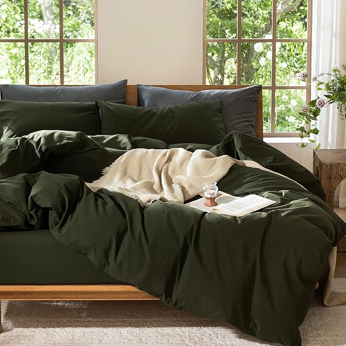 MooMee Bedding Duvet Cover Set 100% Washed Cotton Linen Like Textured Breathable Durable Soft Comfy (Solid Olive Green, Super Queen 90"x98")