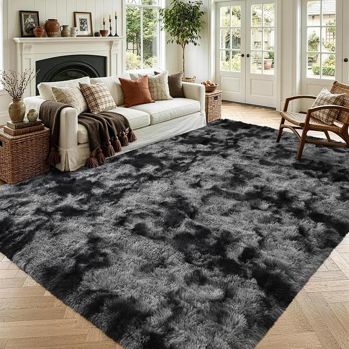 4x6 Tie-Dyed Dark Grey Fluffy Area Rug Non-Slip by ModernHomeDecor