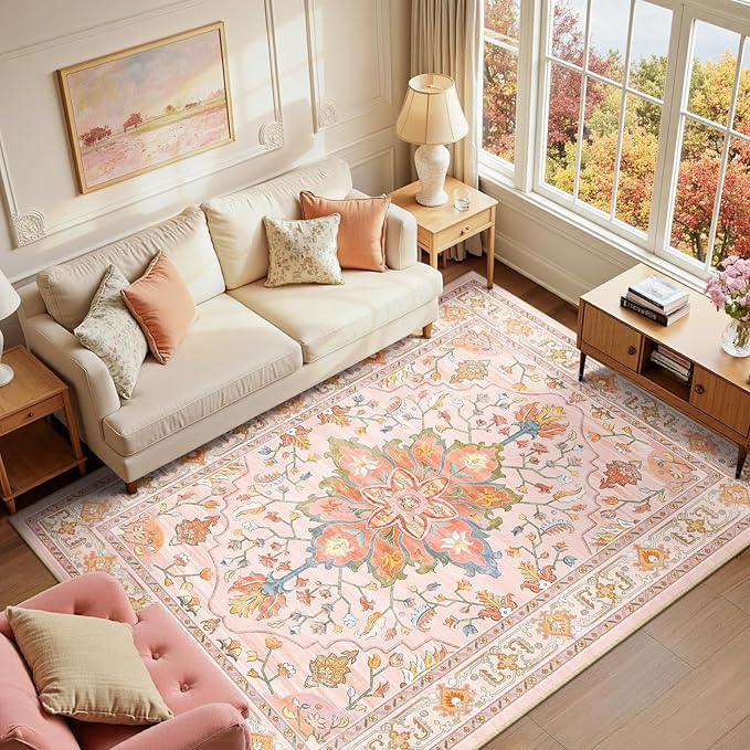 RELEANY Washable Area Rug, Water Repellent, Pet Friendly, Vintage Floral Boho by RELEANY