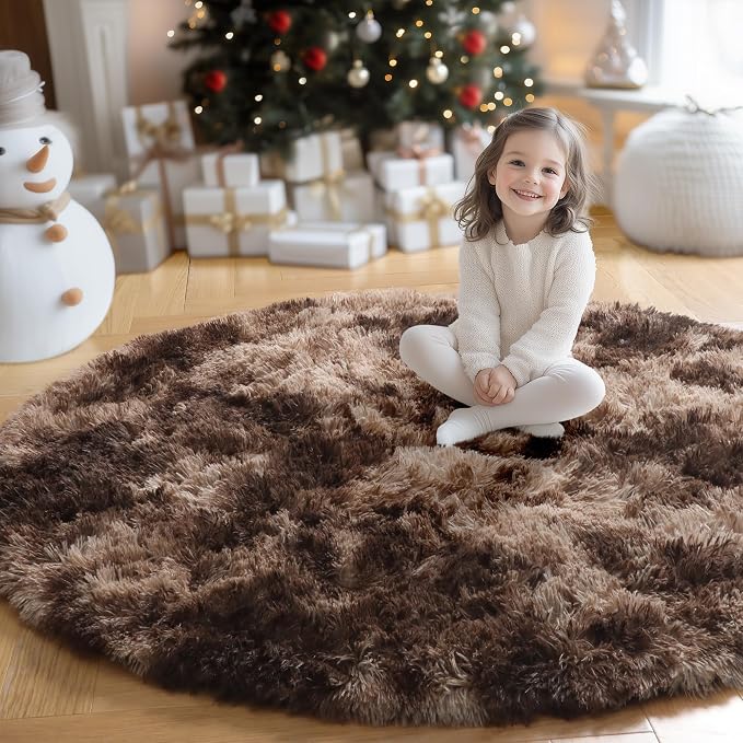 Amdrebio Brown Tan Round Fluffy Kids Area Rug 5Ft - Image 5