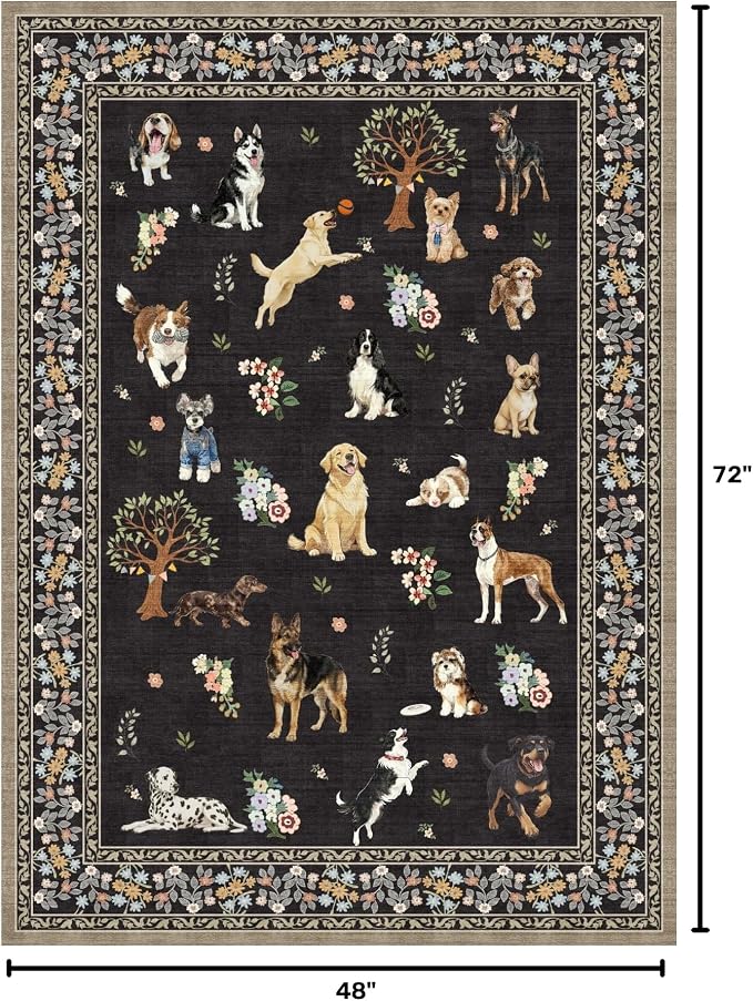 Black Floral Area Rug 4x6 for Bedroom Dining Room | Low Pile; Non Slip;Machine - Image 2