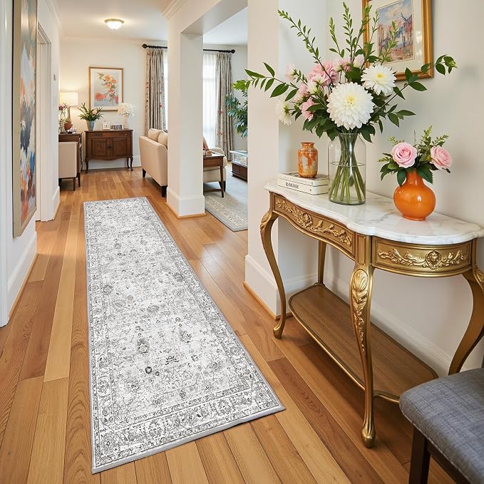 Grey Floral Hallway Runner Rug 2x10 - Image 2
