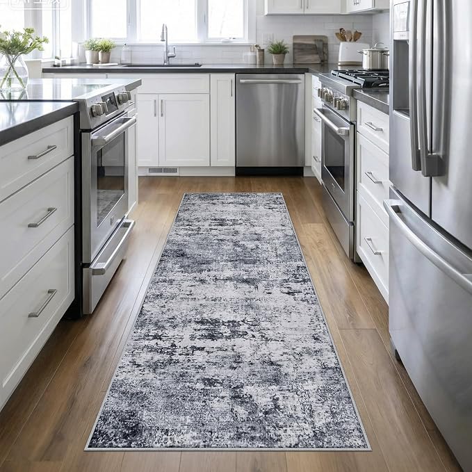 3x10 Washable Runner Rug：Modern Abstract Kitchen Soft Carpet Grey | by FXRHLP