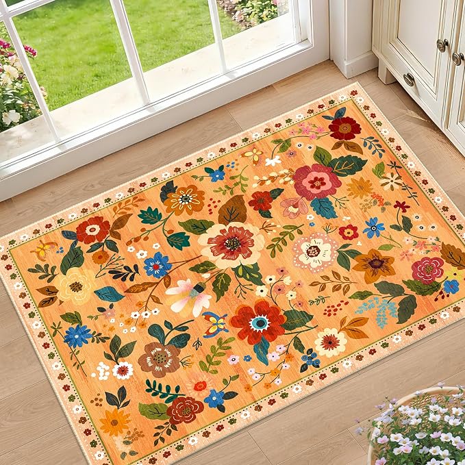 RELEANY Floral Washable 2x3 Area Rugs Doormat Yellow/Orange/Red | Flower Carpet by RELEANY
