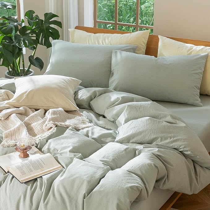 MooMee Bedding Duvet Cover Set 100% Washed Cotton Linen Like Textured Breathable Durable Soft Comfy (Heathered Sage Green, Alaska King 132"x120")