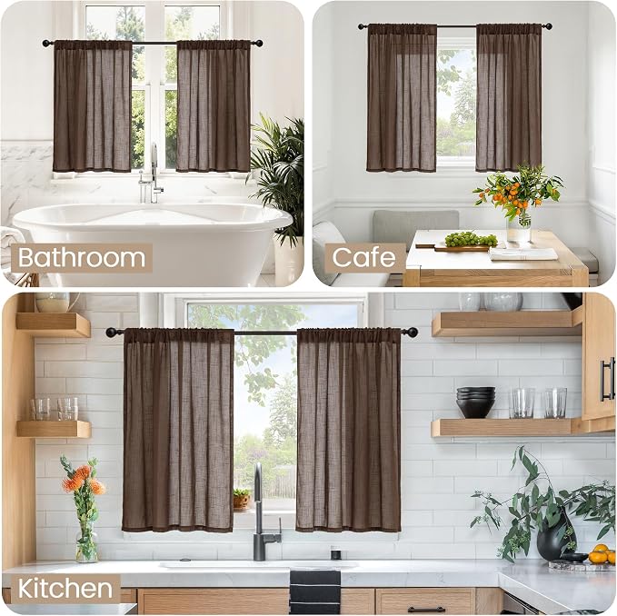 BGment Brown Linen Short Curtains 36 Inch Length - Image 2