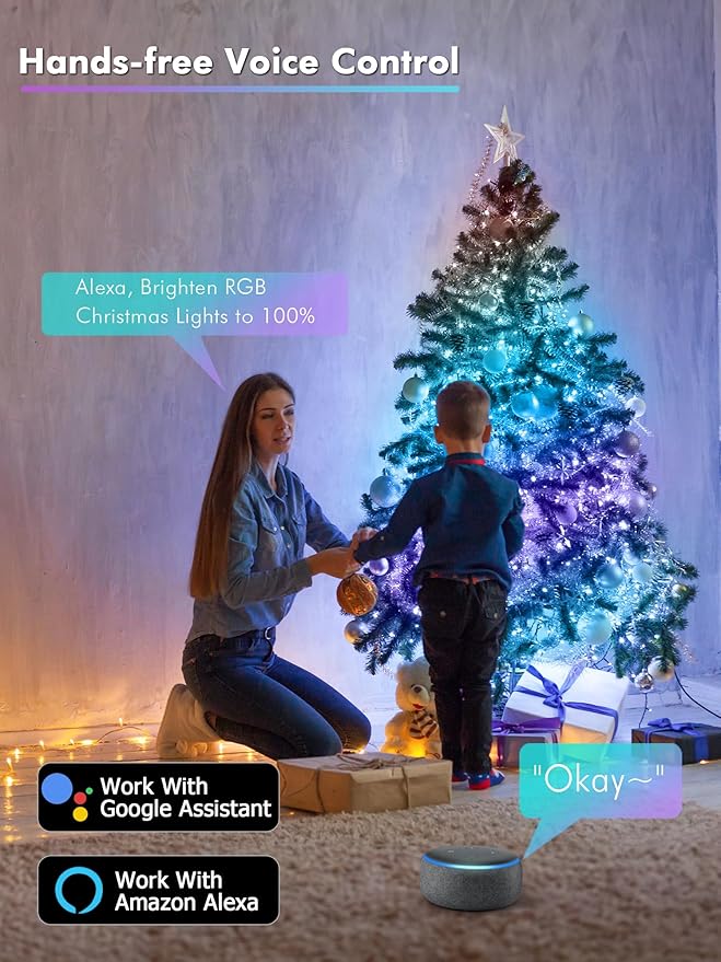 BrizLabs Smart Christmas Fairy Lights, 98ft 300 LED WiFi Christmas Fairy Lights Work with Alexa & Google Home, Rainbow Xmas Light Dimmable Xmas Decorative Lighting Music Sync for Home Holiday Party