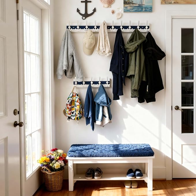 SKOLOO Coastal Wall Mounted Coat Rack - 17" Beach House Entryway Wooden Coat Hook with 5 Hooks for Hanging Coats, Hats or Towels, Oceanfront Cottage Core Collection, White & Blue