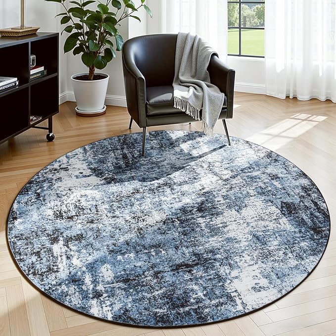 Rugflix Round Area Rugs 4Ft for Living Room, Washable Navy Blue Circle Rug | by RugflixAreaRugs