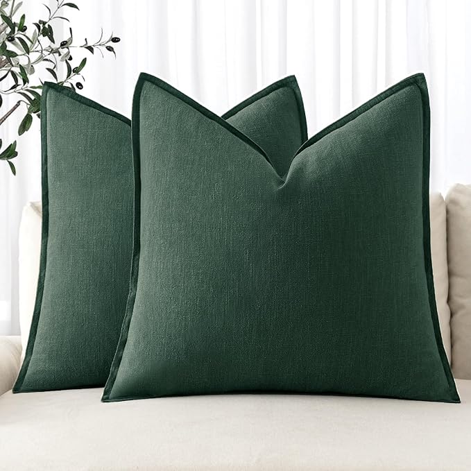 MIULEE Decorative Linen Pillow Covers 20x20 Inch Dark Green | Boho Farmhouse​ by MIULEE