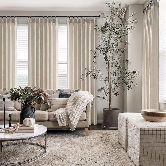 Topfinel Oatmeal Pinch Pleated Linen Curtains 132 Inch Length 2 Panels - Image 8