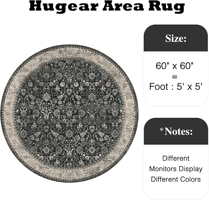 5ft Round Black Beige Vintage Floral Washable Rug - Image 2