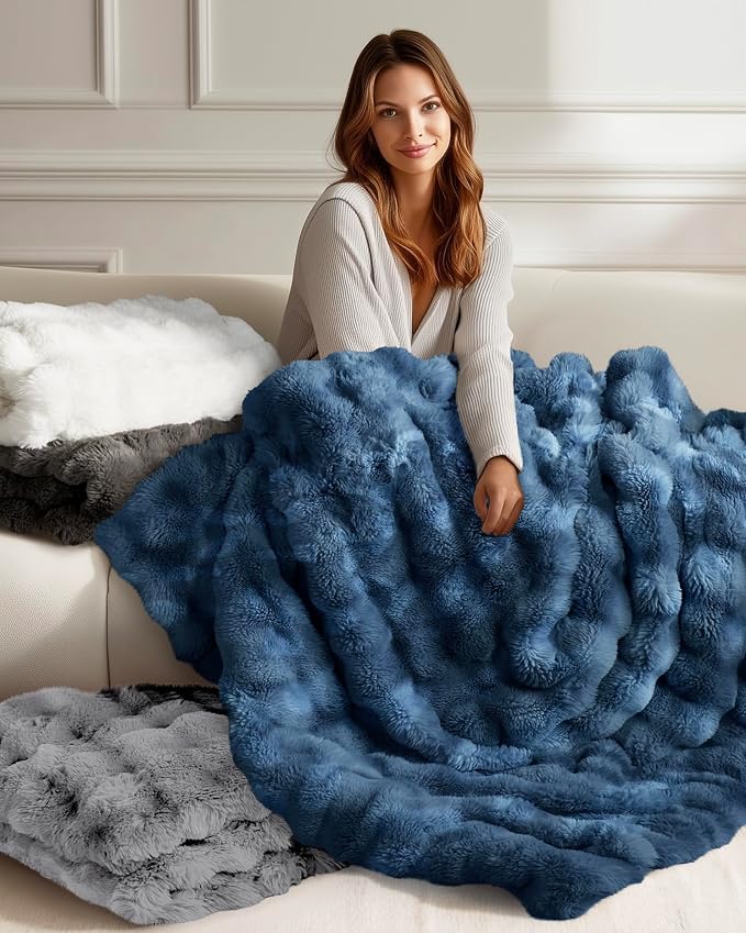 Ultra Soft Cozy Faux Fur Throw Blanket, Fuzzy Plush Thick Bubble Blanket - Image 5