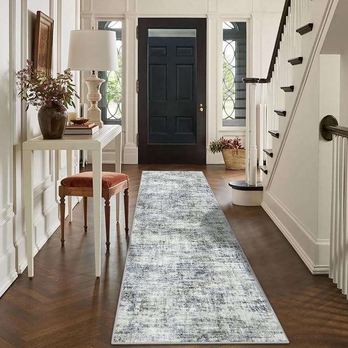 2'6''x8' Runner Rugs Washable Rug:Modern Abstract Hallway Blue Multi Carpet | - Image 4